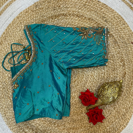 40” Size 10 Aari Worked Sari Blouse Indian Saree Top Silk Blue B95