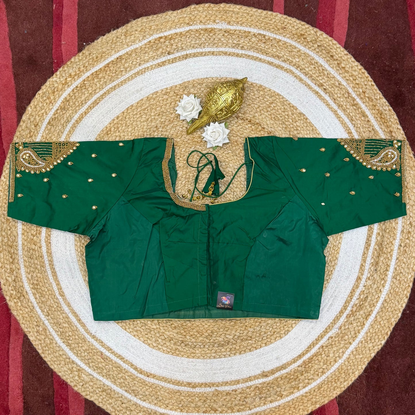 46” Size 16 Aari Worked Sari Blouse Indian Saree Top Silk Bottle Green B226