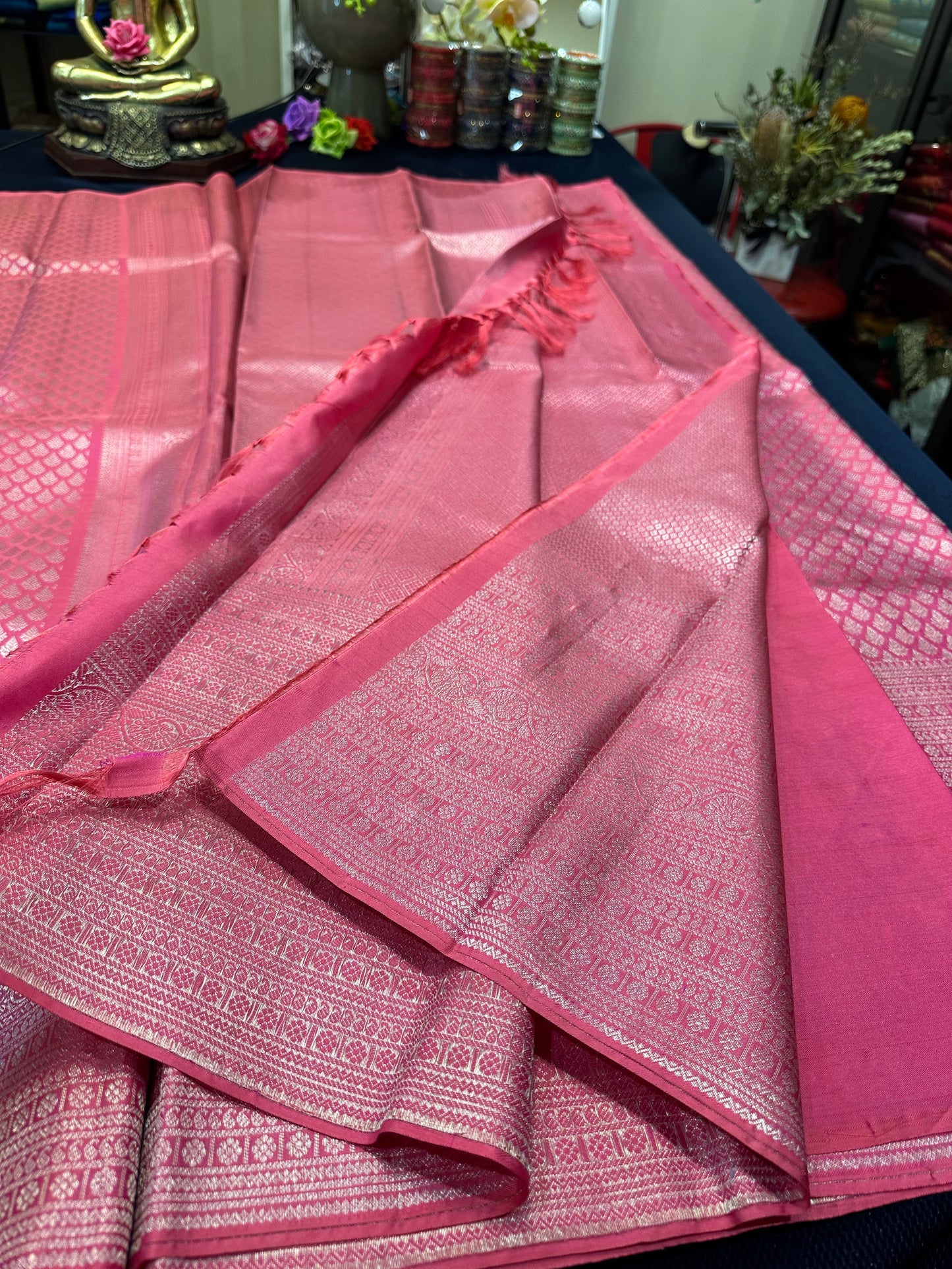 Kerala style Kanchipuram Pure Silk Pink Saree Matt Zari Kanjivaram Sari| SPK136