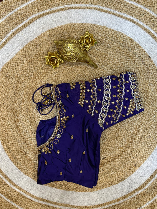 40” Size 10 Aari Worked Sari Blouse Indian Saree Top Silk Purplish Blue B88