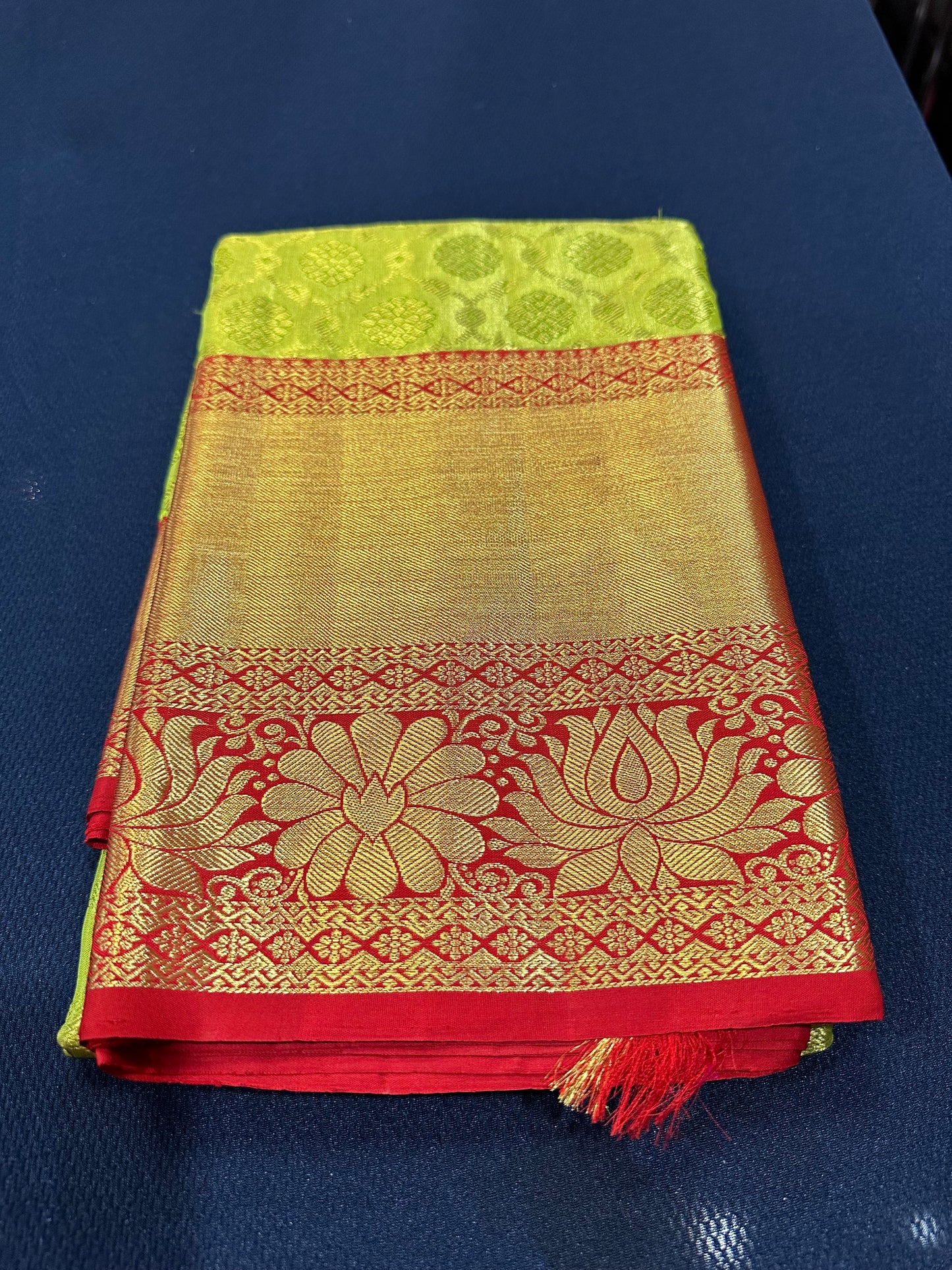 Tissue Bridal Kanchipuram Pure Silk Saree Greenish Yellow & Red Kanjivaram Sari| SPK090
