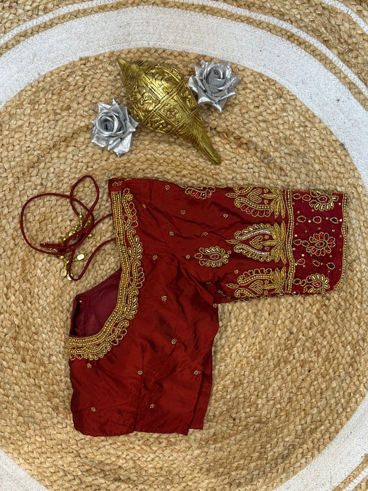 34” XSmall Aari Worked Sari Blouse Indian Saree Top Silk Maroon B115