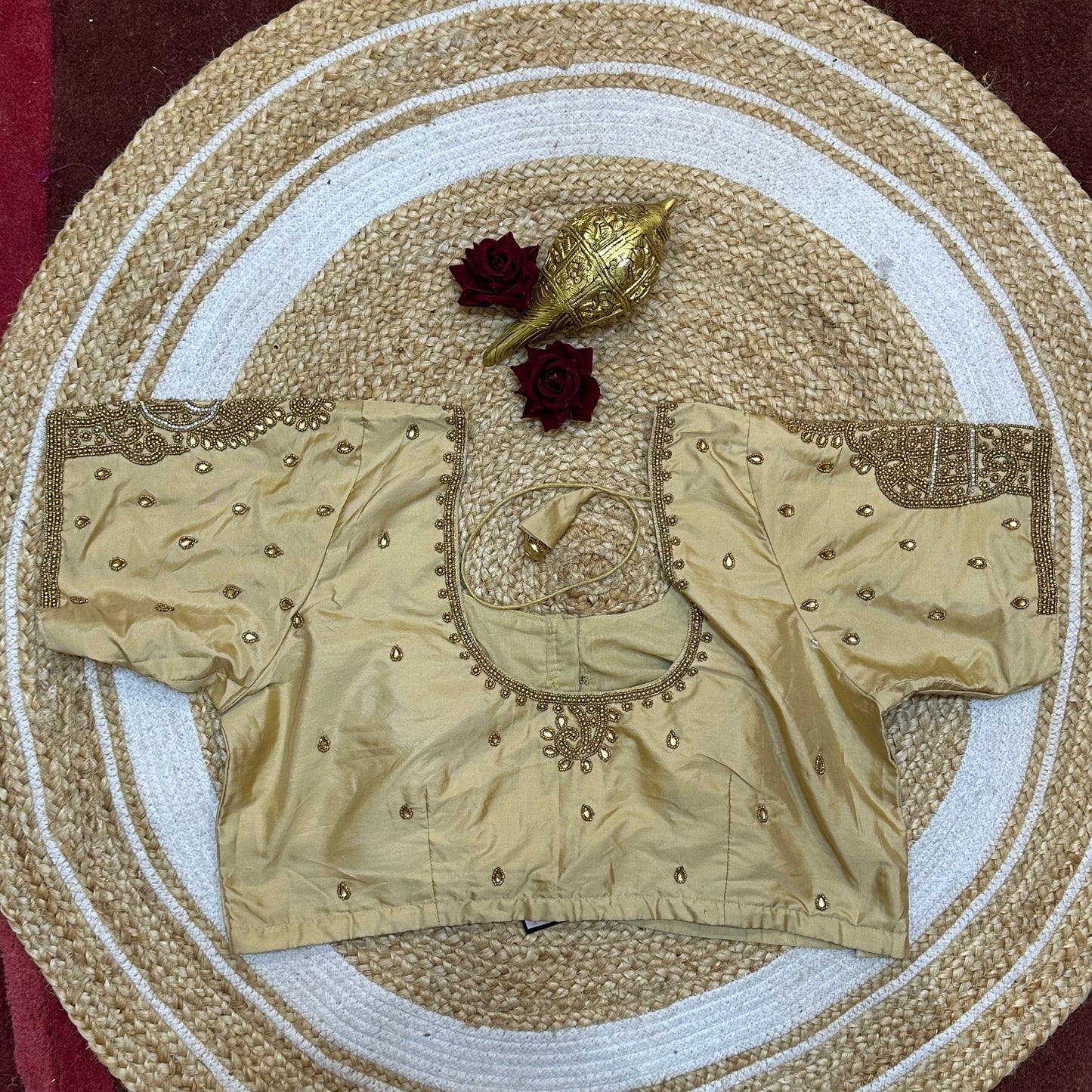 44” Size 14 Aari Worked Sari Blouse Indian Saree Top Light Gold B259