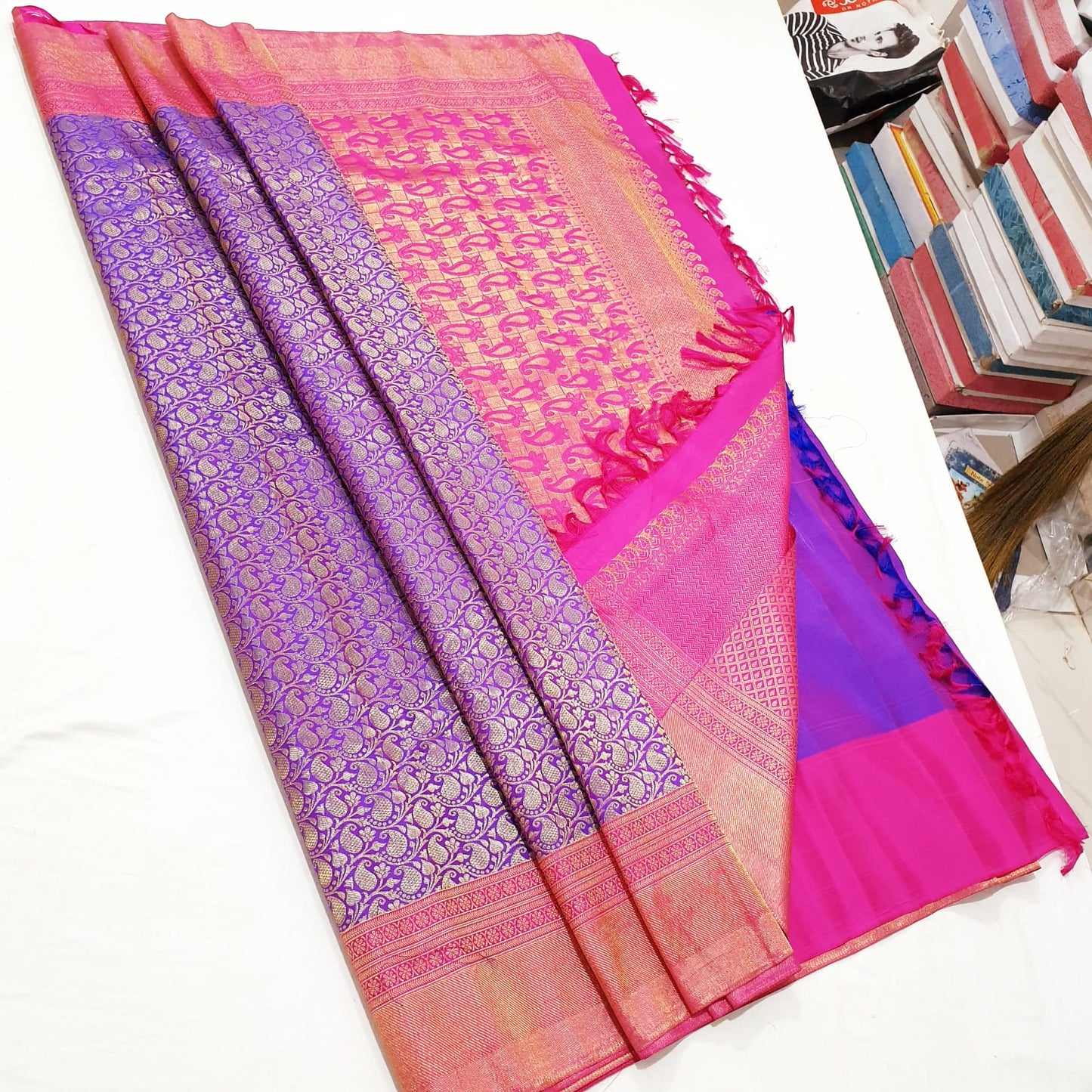 Kerala style Kanchipuram Pure Silk Purple & Pink Saree Matt Zari Kanjivaram Sari| SPK188