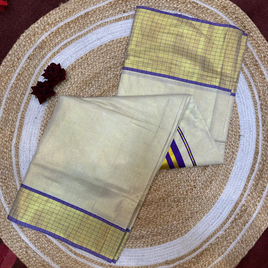 Purple Kerala Vishu Sari Indian Cream Tissue Saree C35 - Col 2