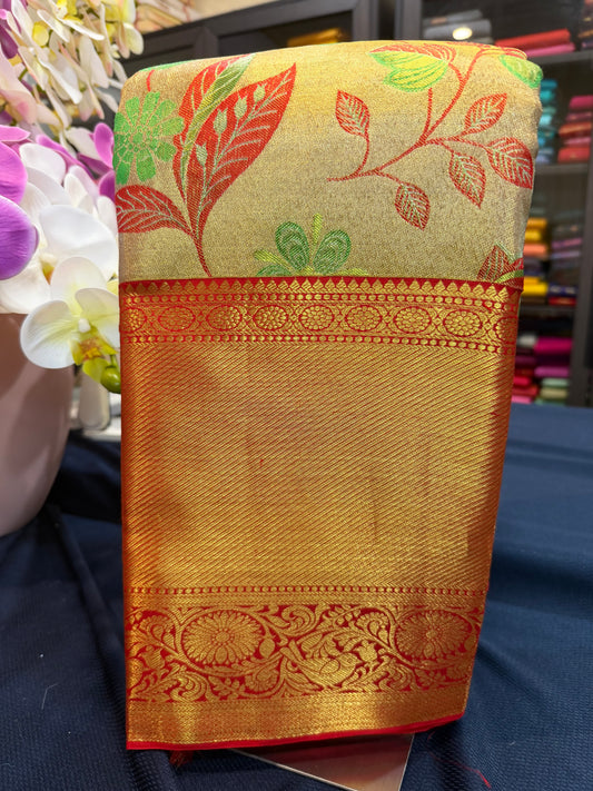 Bridal Tissue Kanchipuram Pure Silk Saree Gold & Red Kanjivaram Sari| SPK076