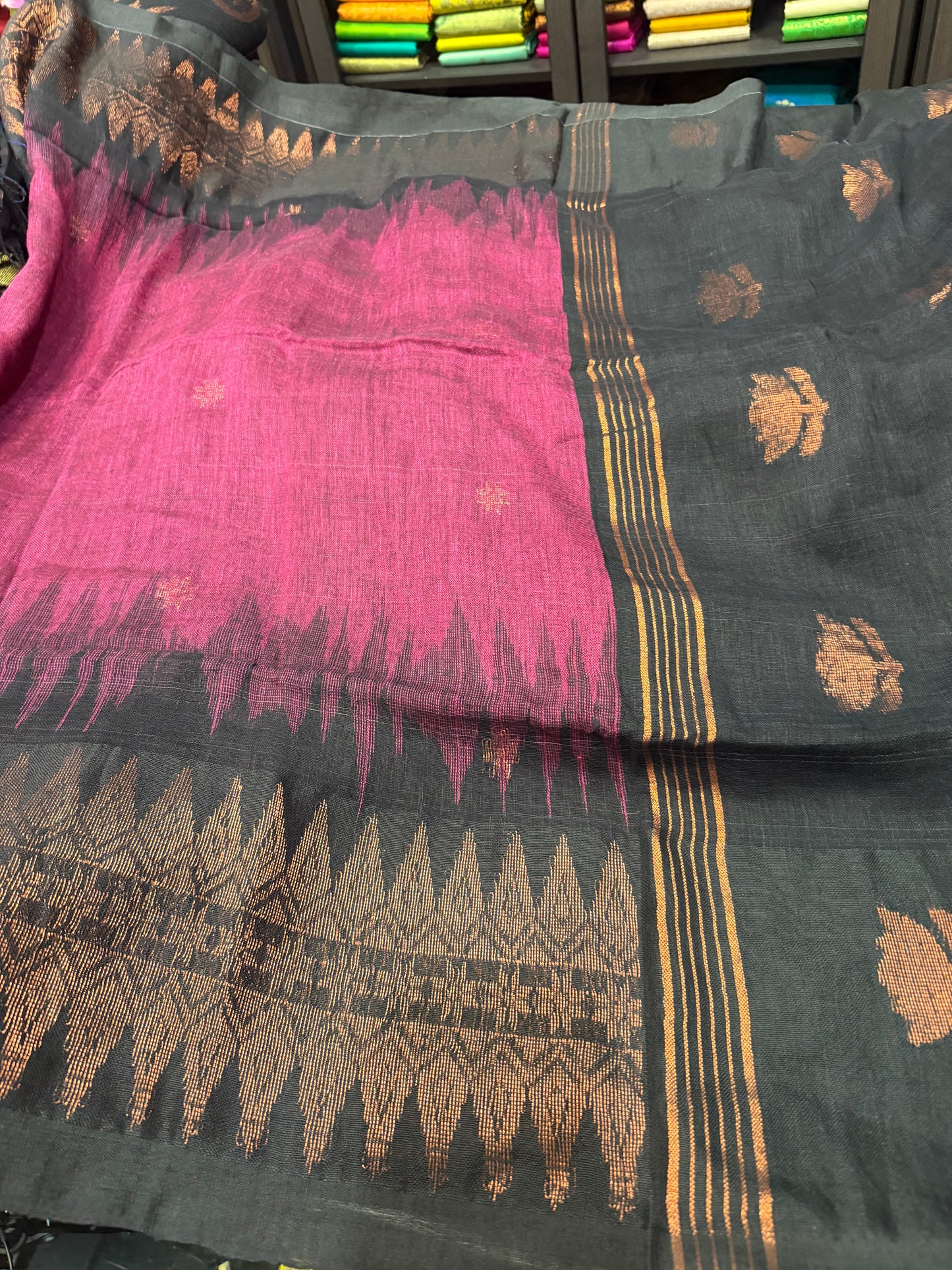 Silk Cotton Linen Sari Indian Saree Copper Jari Mehendi Green Black S127