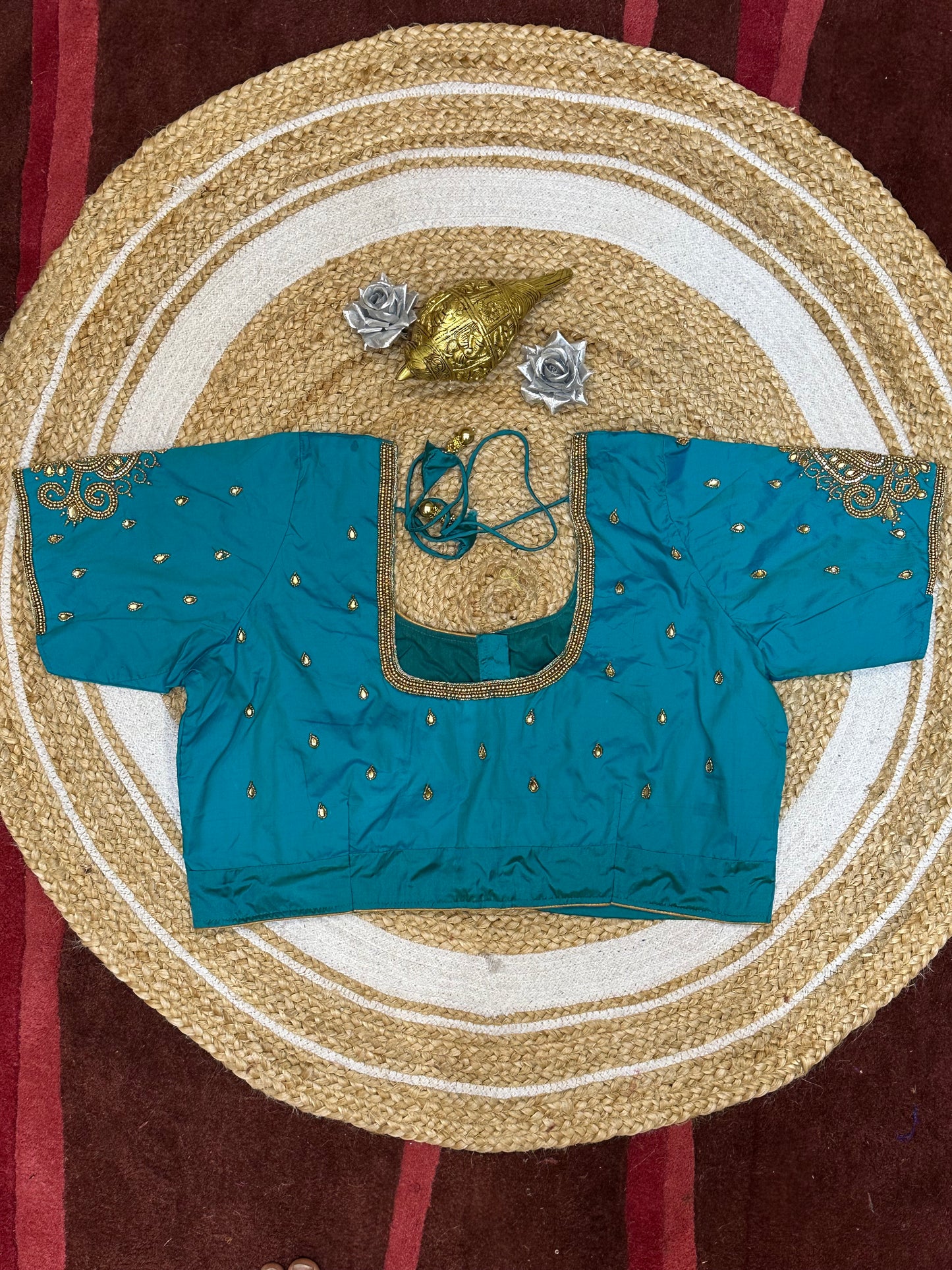 44” Size 14 Aari Worked Sari Blouse Indian Saree Top Silk Blue B137