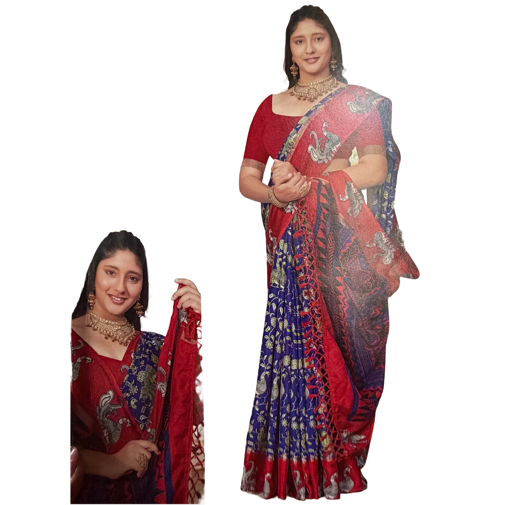 Indian Crape Silk Saree Kalamkari Printed Sari S150