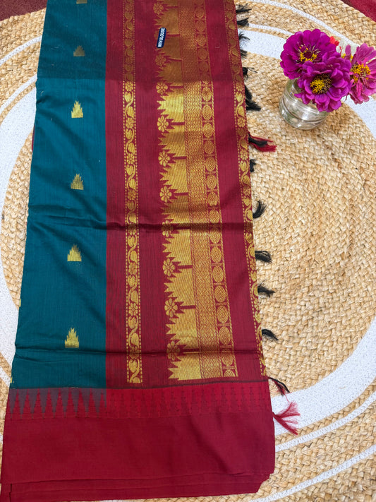 Kalyani Silk Cotton Sari Indian Saree Green Maroon S3