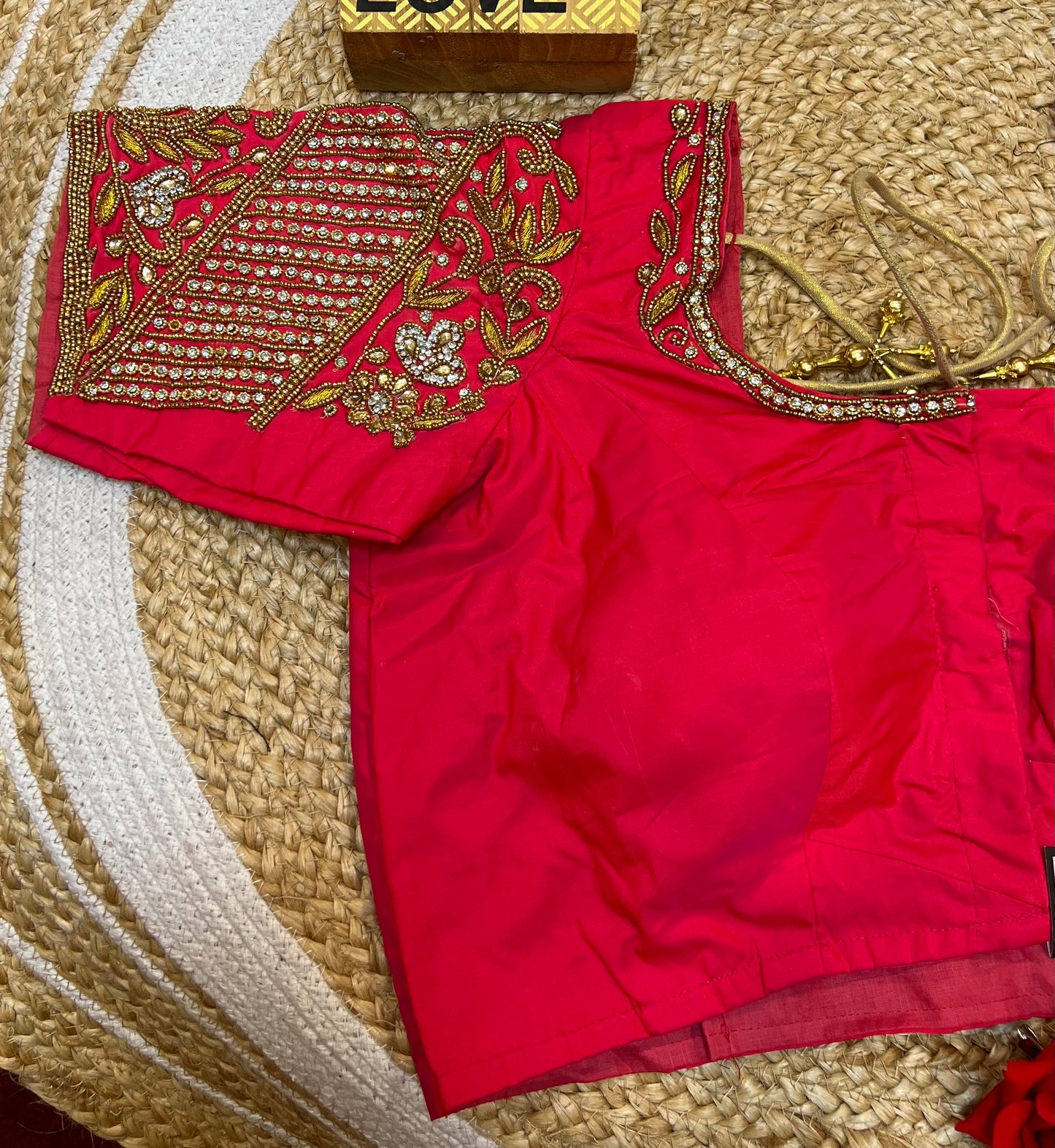 40” Bridal Aari hand Worked Sari Blouse Indian Top Choli Silk Red B37