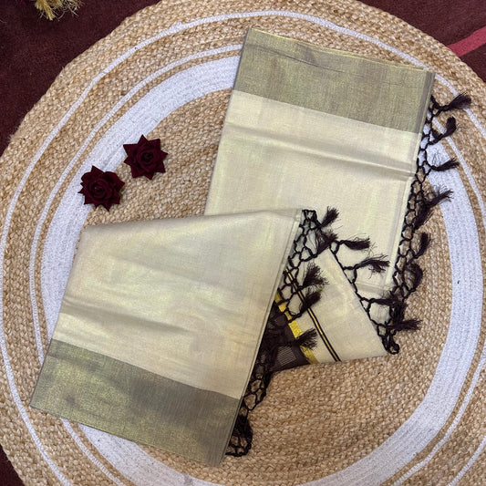 Brown Kerala Vishu Sari Indian Cream Tissue Saree C34