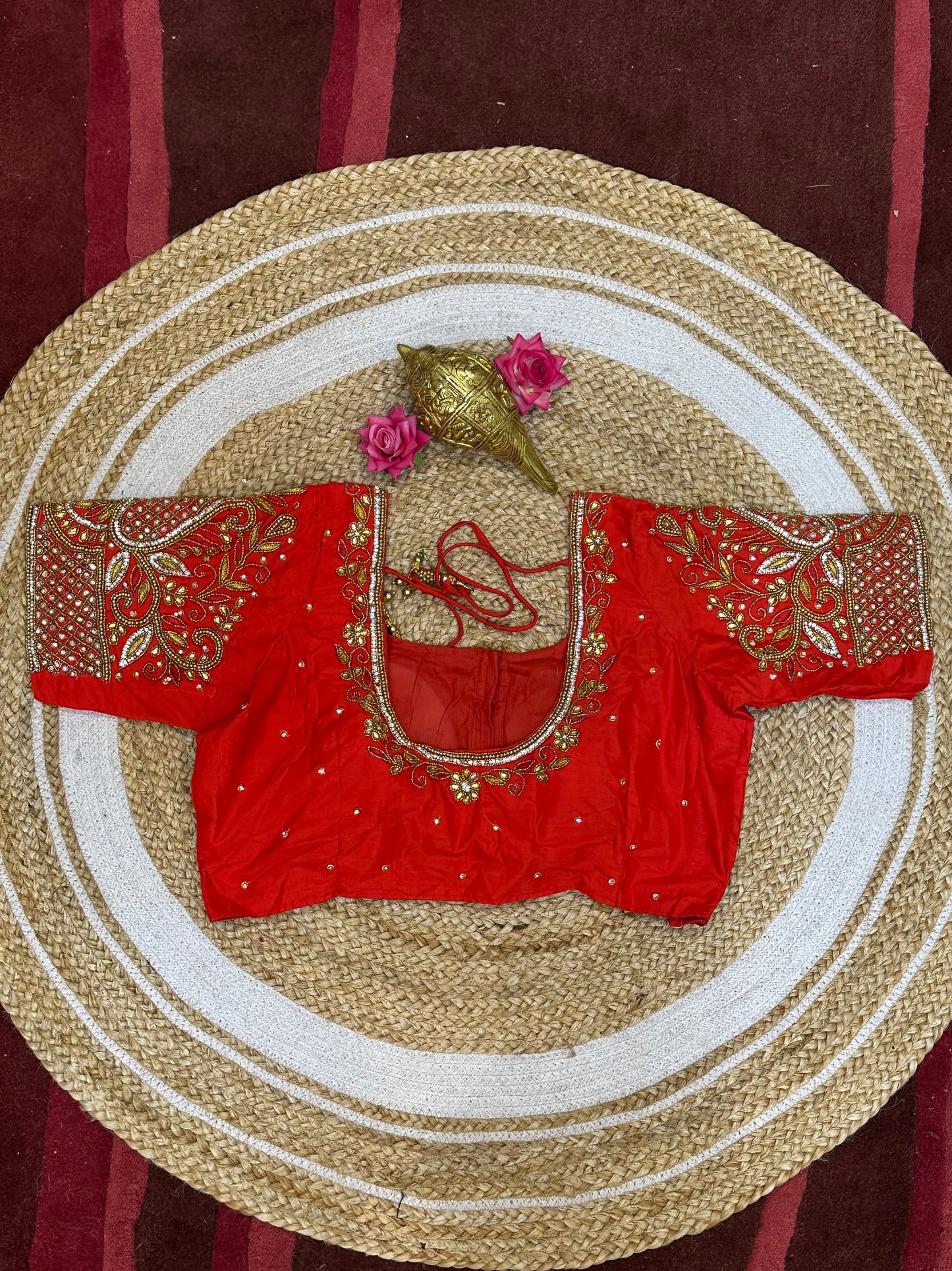 40” Size 10 Aari Worked Sari Blouse Indian Saree Top Silk Red B99