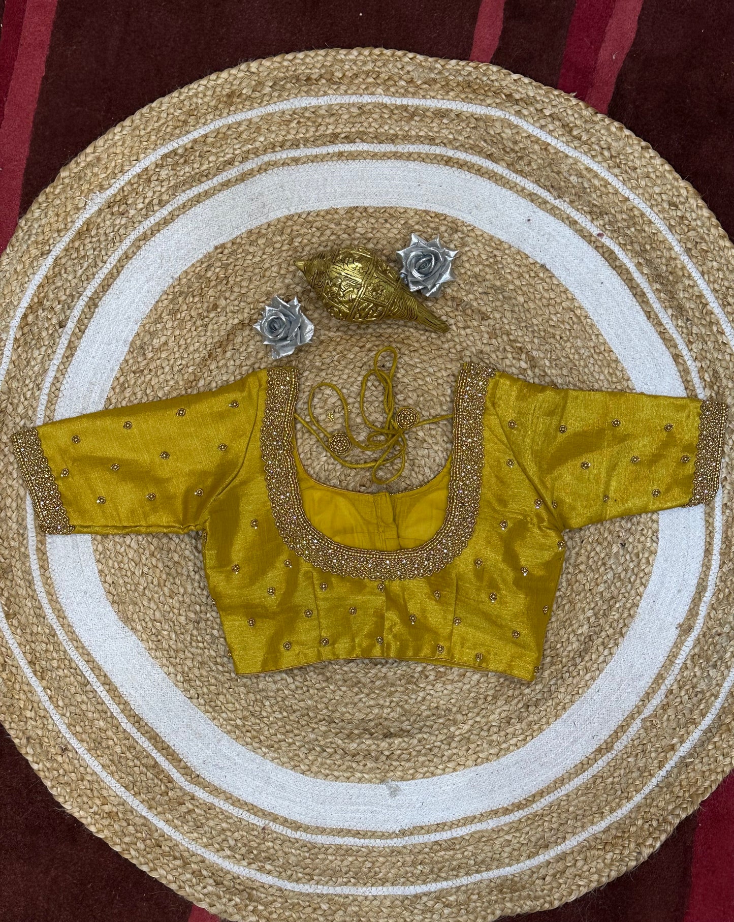 34” XS Aari Worked Sari Blouse Indian Saree Top Silk Gold B118