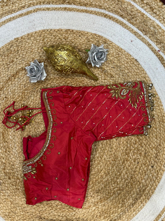 34” XSmall Aari Worked Sari Blouse Indian Saree Top Silk Pink B117