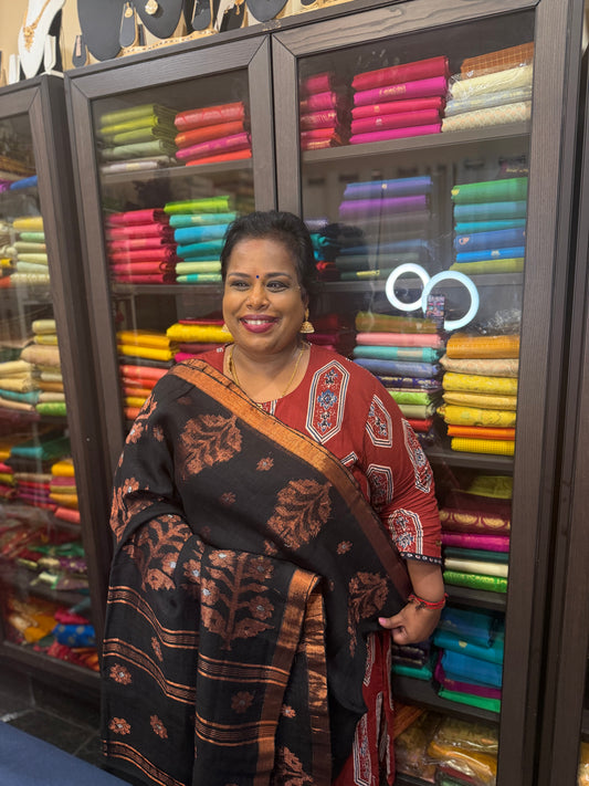 Silk Cotton Linen Sari Indian Saree Copper Jari Black S130