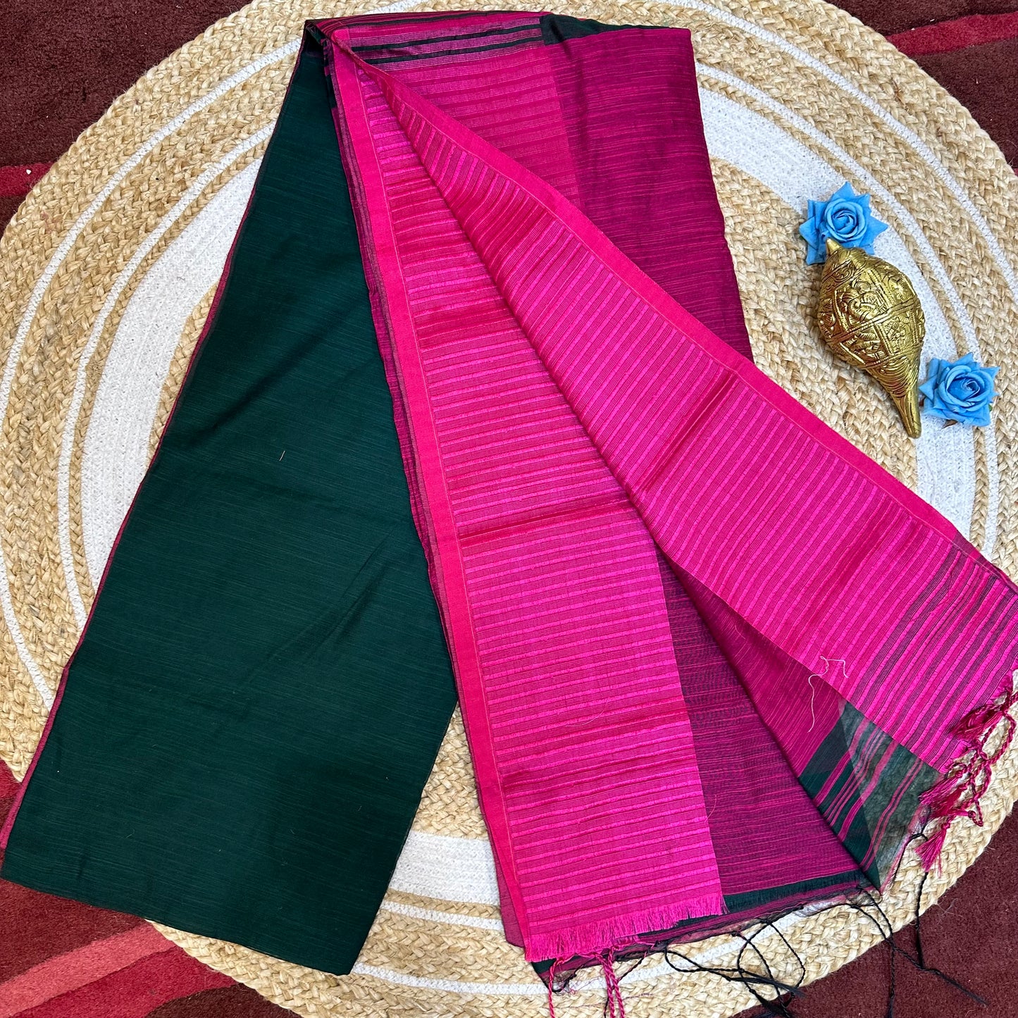 Maroon & Blue Soft Slab Cotton Linen Sari Indian Saree with temple border C1