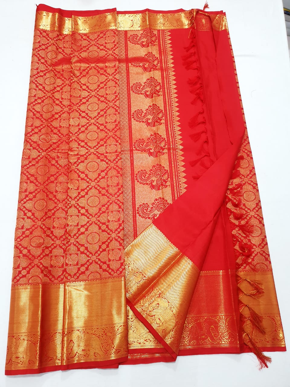 Bridal Kanchipuram Pure Silk Saree Red Gold Kanjivaram Sari| SPK181