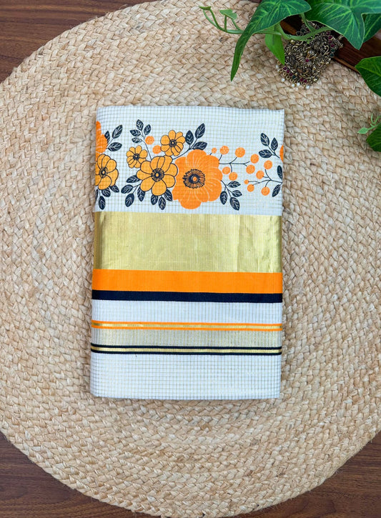 Orange Floral Kerala Vishu Sari Indian Onam Gold Saree C13