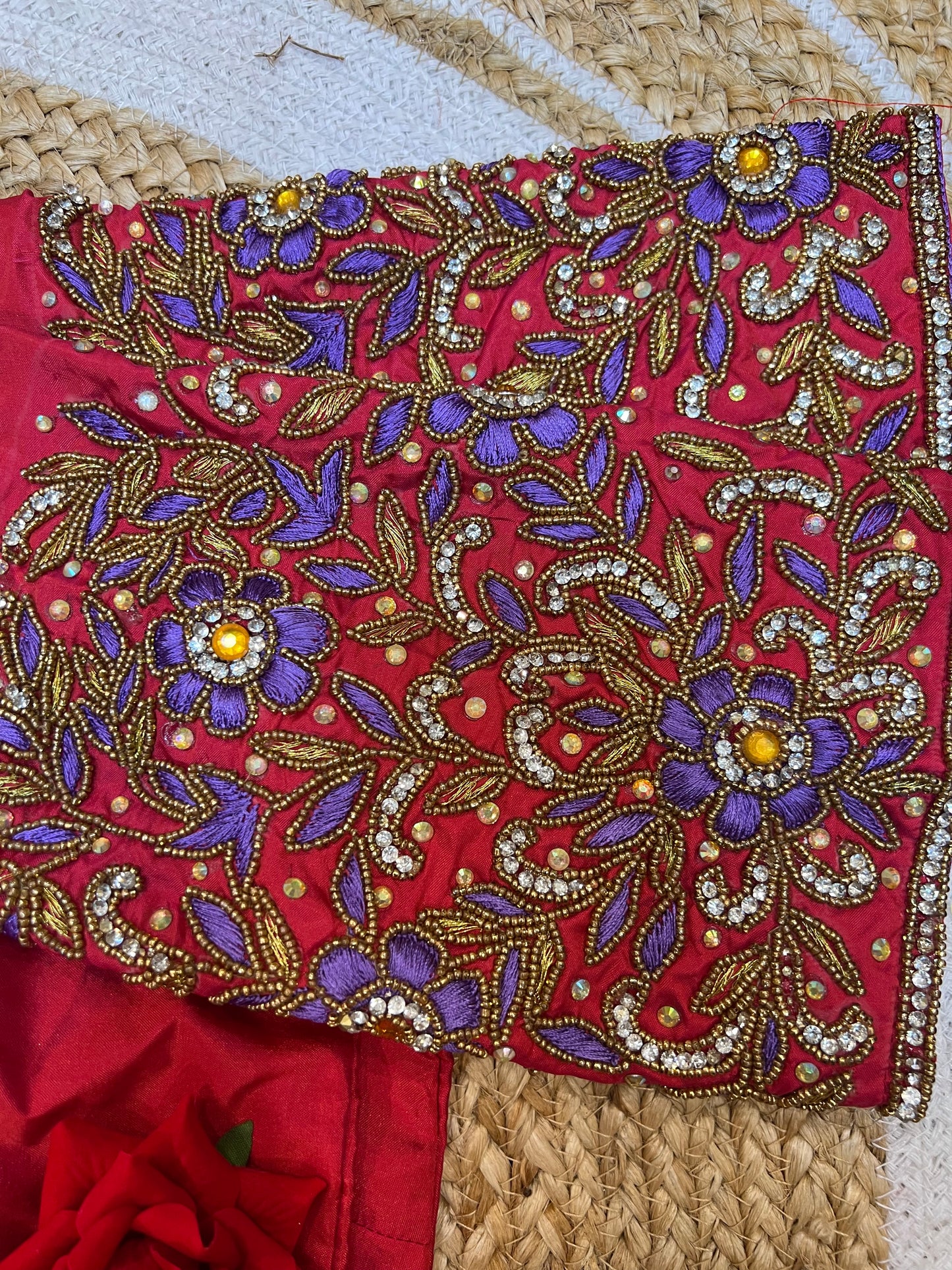 40” Aari hand Worked Sari Blouse Indian Top Choli Silk Red B32