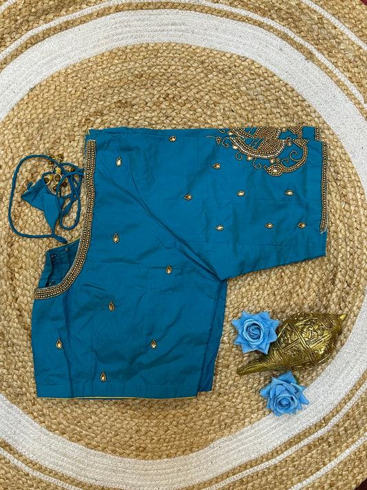 46” Size 16 Aari Worked Sari Blouse Indian Saree Top Silk Blue B197