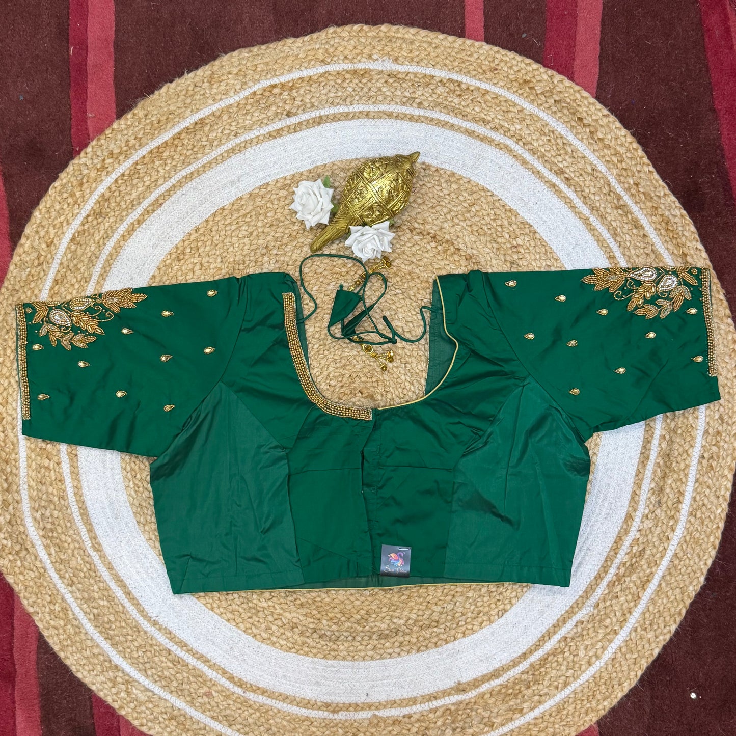 46” Size 16 Aari Worked Sari Blouse Indian Saree Top Silk Bottle Green B223