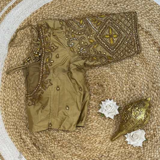 32” XS Size 6 Aari Worked Sari Blouse Indian Saree Top Light Gold B241