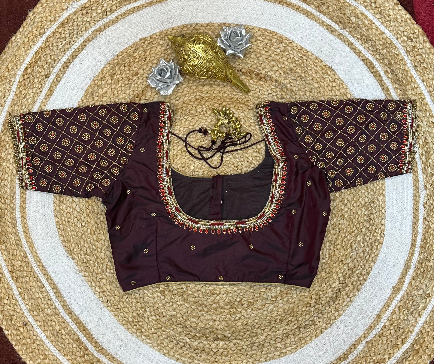 34” XSmall size Aari Worked Sari Blouse Indian Saree Top MAROON B142