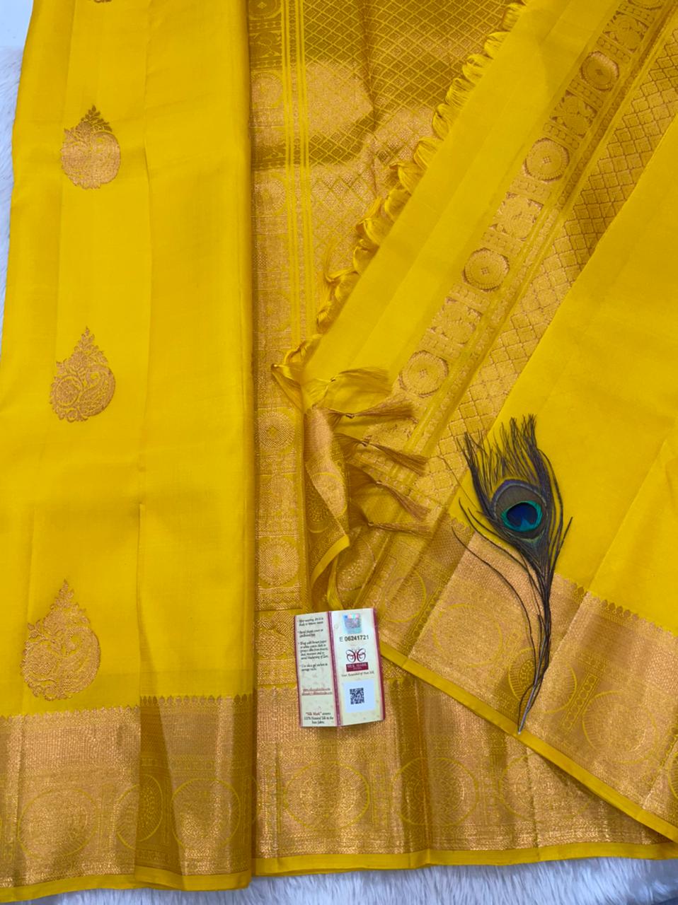 Kanchipuram Pure Silk Saree Yellow with Copper Kanjivaram Sari| SPK