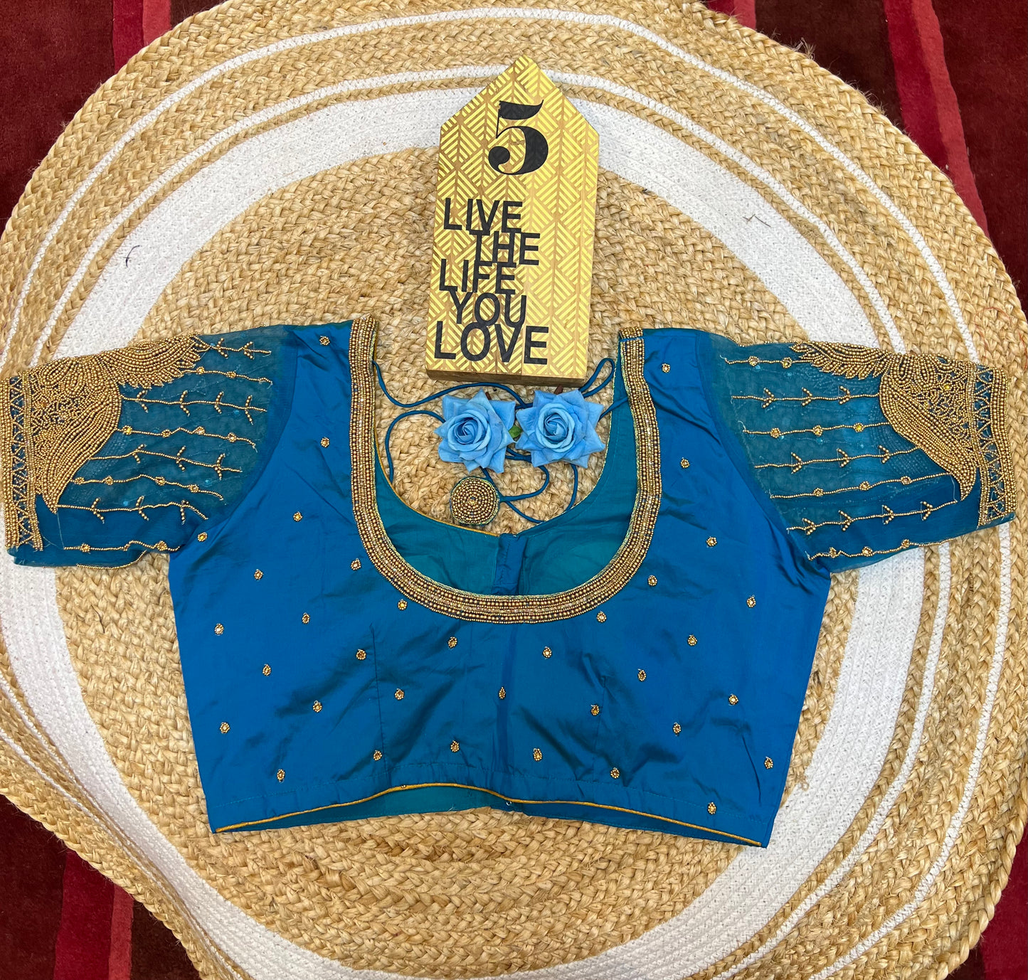 40” Bridal Aari hand Worked Sari Blouse Indian Top Choli Silk Blue B41