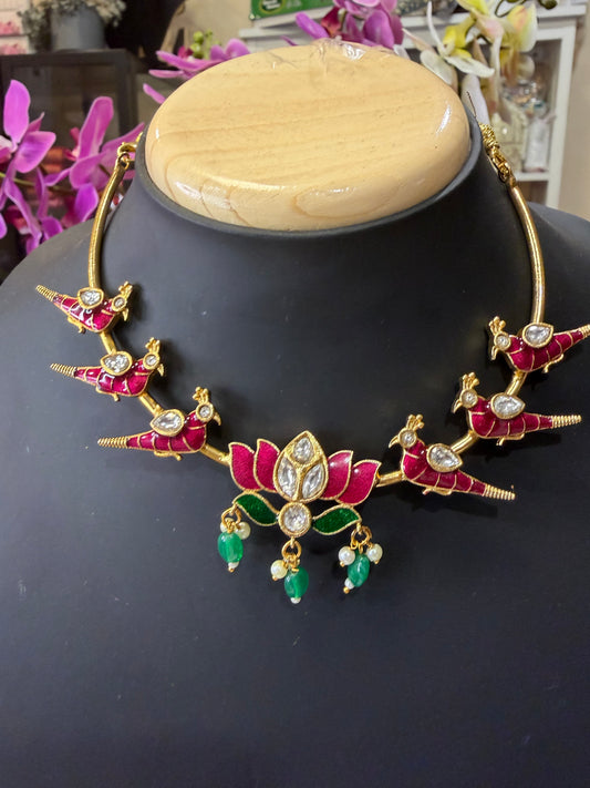 Indian Brass Necklace & Earrings Jewellery Set Lotus and Birds N61