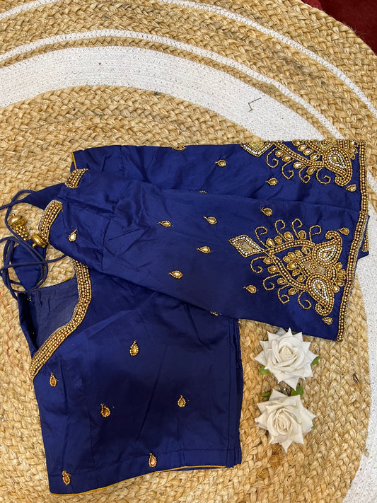 40” Aari hand Worked Sari Blouse Indian Top Choli Silk Blue B29