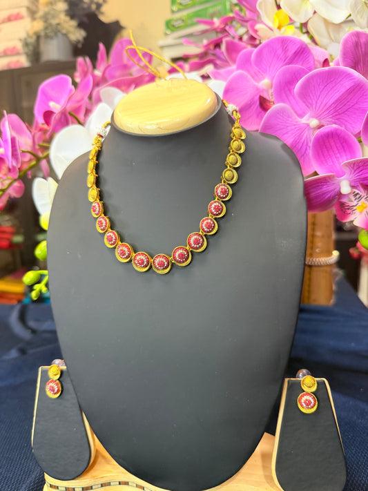 Indian Necklace & Earrings Ruby Pink Addiyal Jewellery Set V4