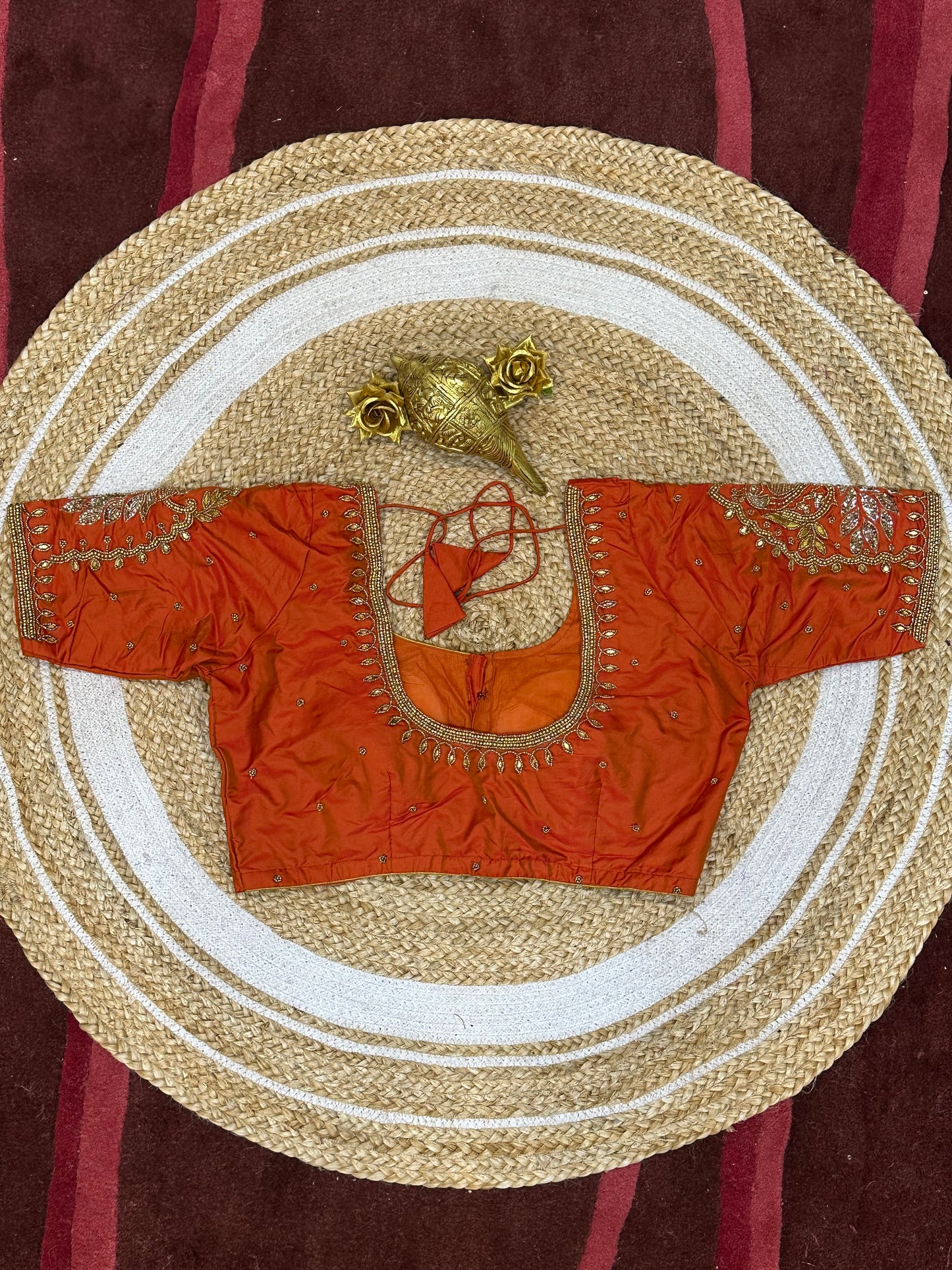 40” Size 10 Aari Worked Sari Blouse Indian Saree Top Silk Orange B74