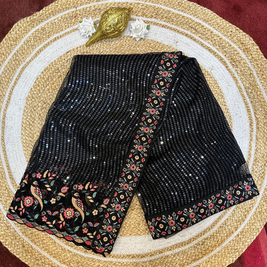 Sequins Net Sari Indian Fancy Party wear Saree Black V1