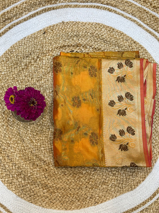 Yellow Orange thread work Sari Indian Saree S75