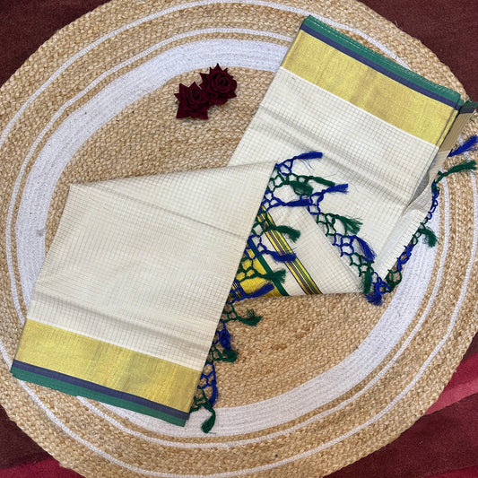 Kerala Vishu Sari Indian hand Printed Kasavu Onam Saree C36 Col 6