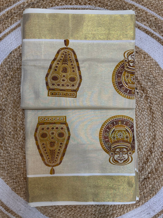 Mustard Kerala Vishu Sari Indian Cream Tissue hand Printed Onam Saree C17 Col 2