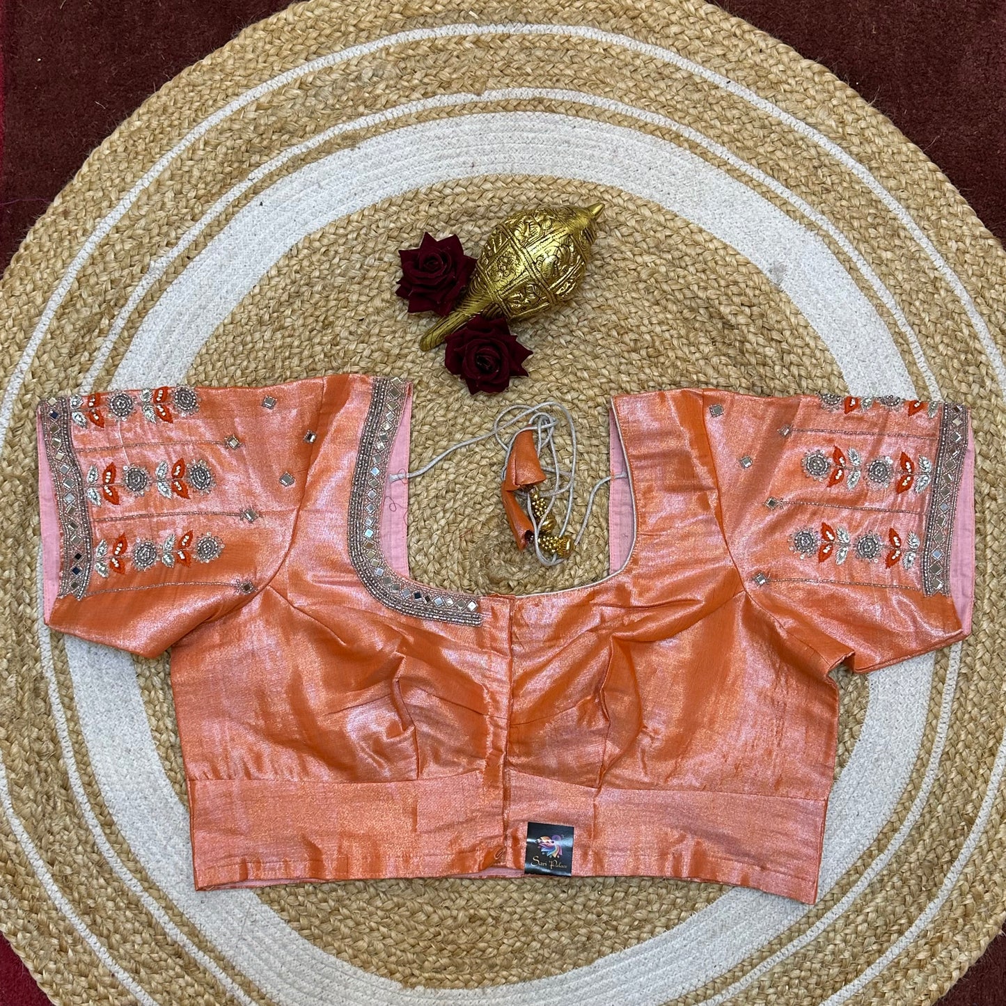 44” Size 14 Aari Worked Sari Blouse Indian Saree Top Metallic Orange B264