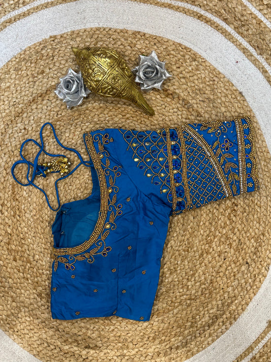 34” XS Aari Worked Sari Blouse Indian Saree Top Silk Blue B108