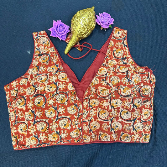Terracotta Cotton Kalamkari 38” M Size 8 Sari Blouse Indian Saree Top B405