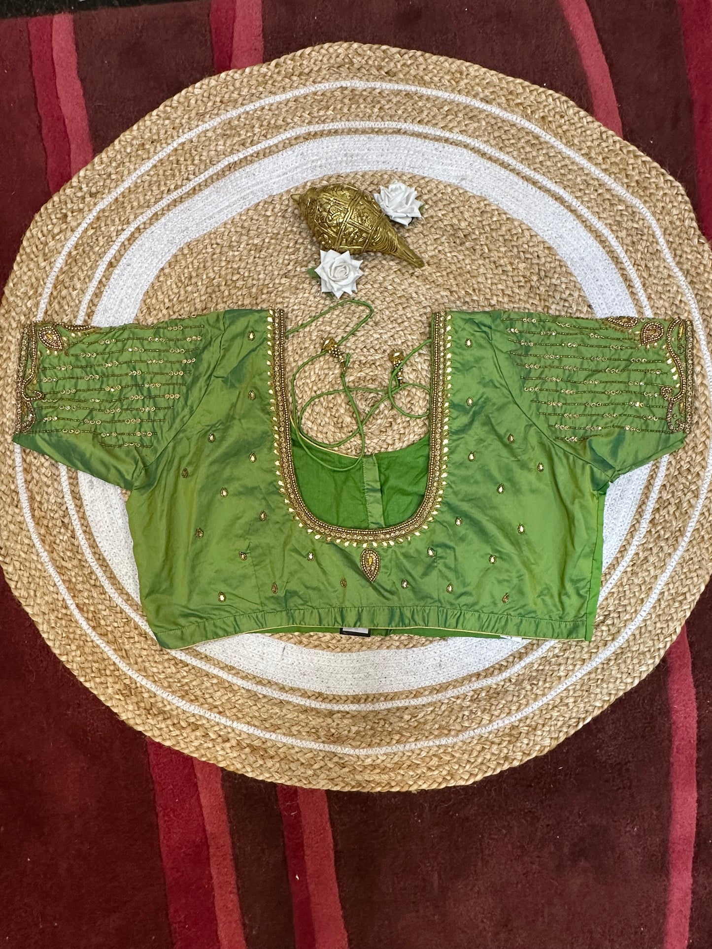 50” Size 20 Aari Worked Sari Blouse Indian Saree Top Silk Green B58