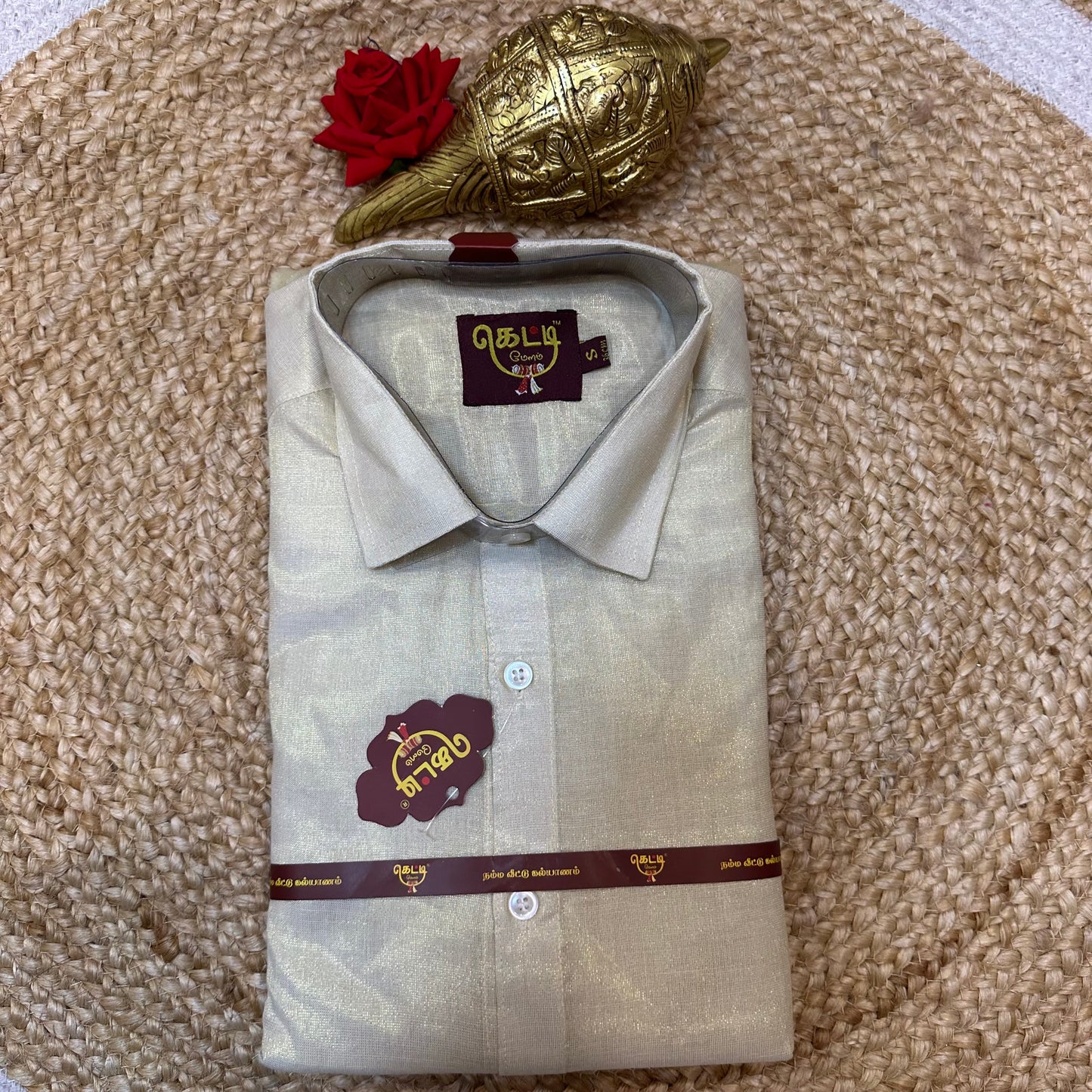Menโs South Indian Vesti Shirt Combo Tissue Cream Gold Dhotti V3