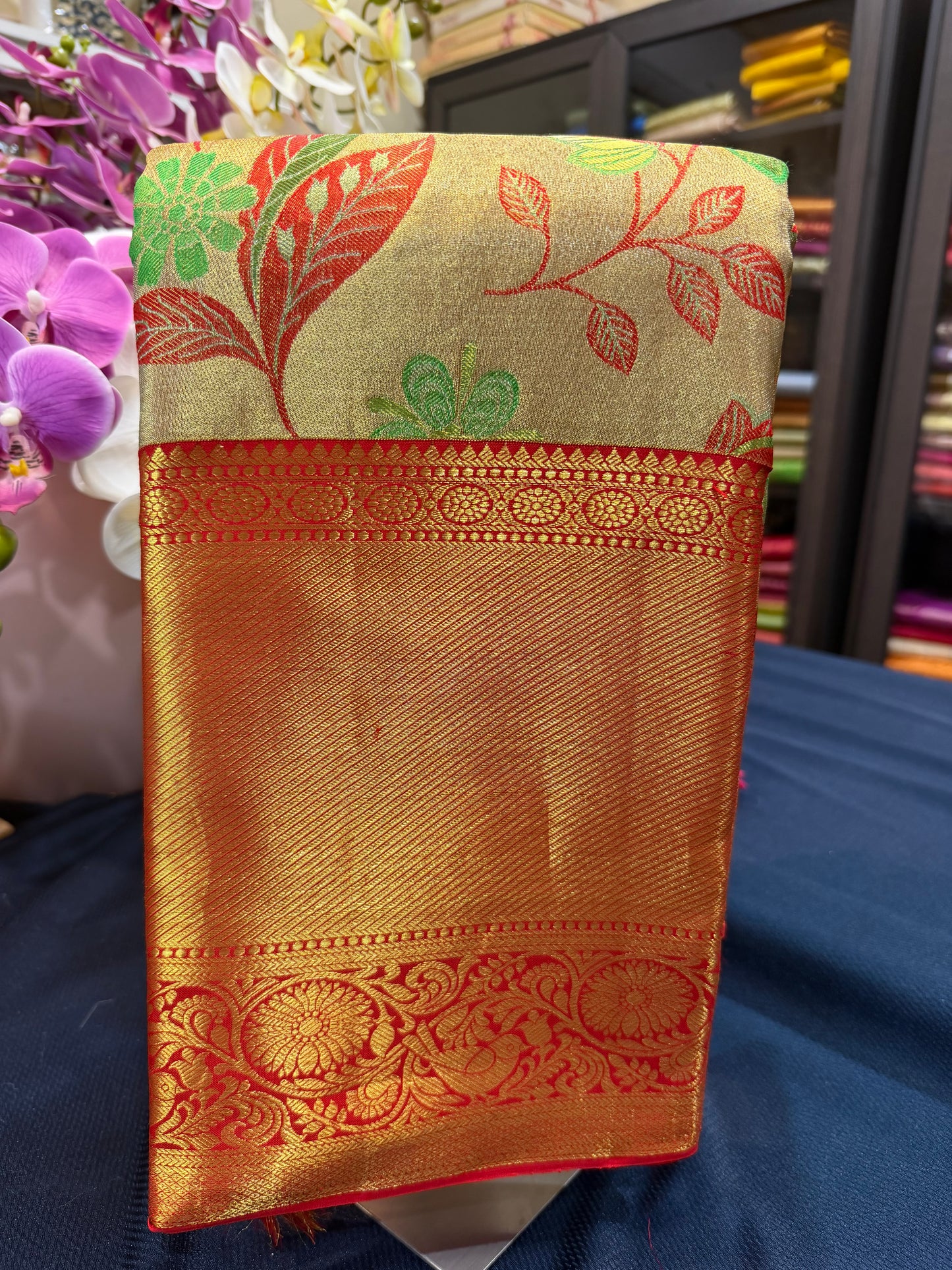 Bridal Tissue Kanchipuram Pure Silk Saree Gold & Red Kanjivaram Sari| SPK076