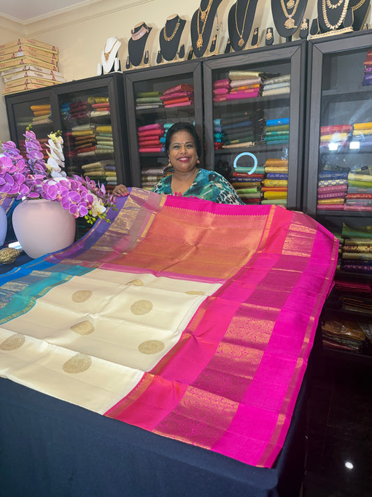 Kanchipuram Pure Silk Saree Cream pink Blue Kanjivaram Sari| SPK201