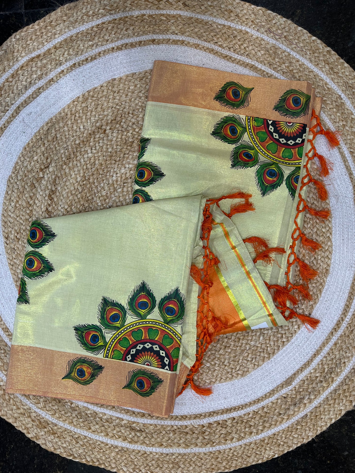 Kerala Vishu Sari Indian Cream Tissue hand Printed Kasavu Onam Saree C18
