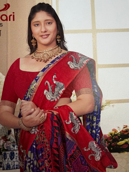Indian Crape Silk Saree Kalamkari Printed Sari S150