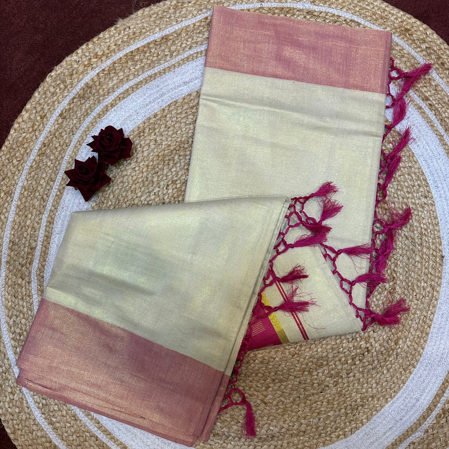 Purple Kerala Vishu Sari Indian Cream Tissue Saree C34