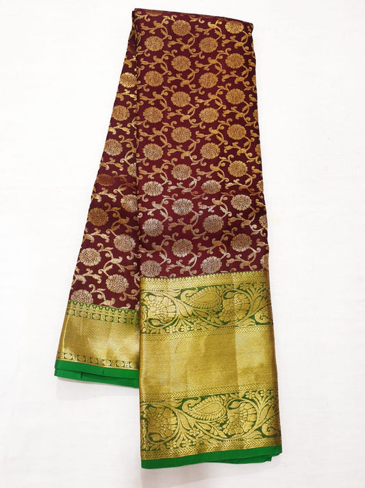 Bridal Kanchipuram Pure Silk Saree Brown Green Kanjivaram Sari| SPK154