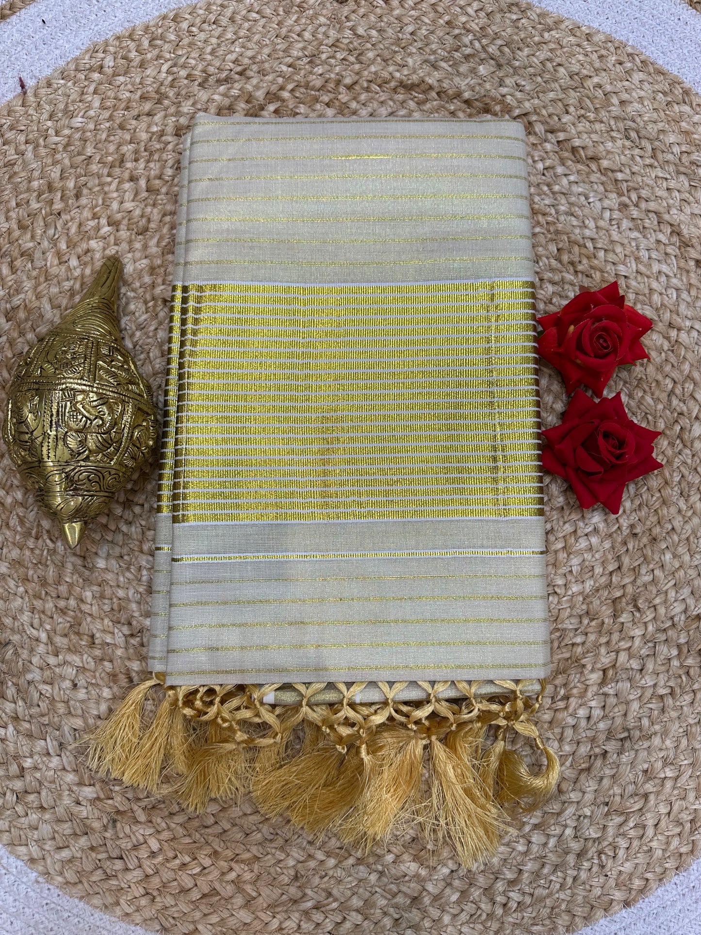 Kerala Vishu stripe Sari Indian Onam Gold Saree C17